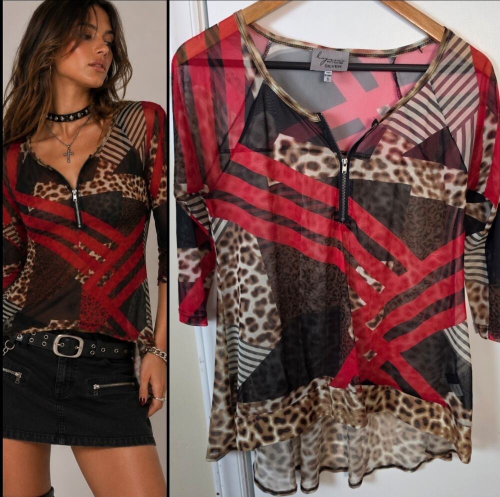 VTG Lynn Ritchie Silver Long Sleeve Sheer Mesh Top Sz S Black Color Design Art